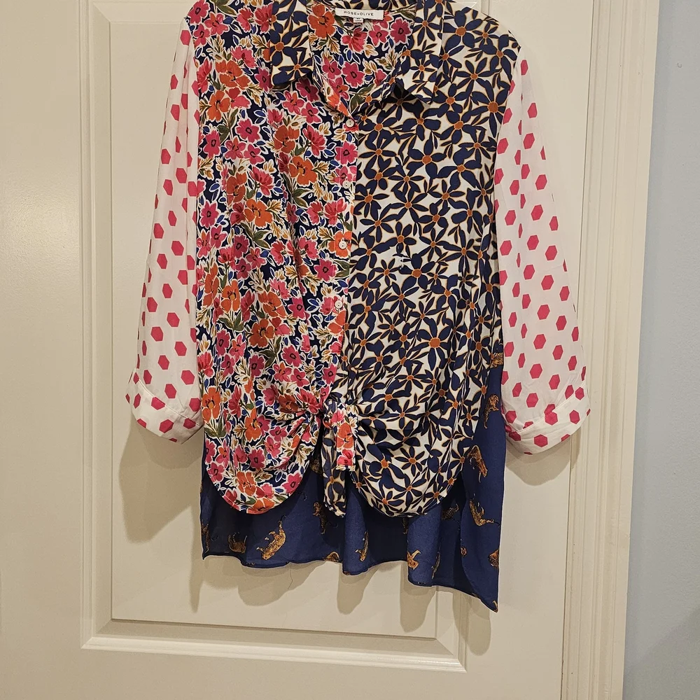 Rose & Olive Floral Button-Up Blouse in Navy, Pink & Orange - Picture 1 of 3